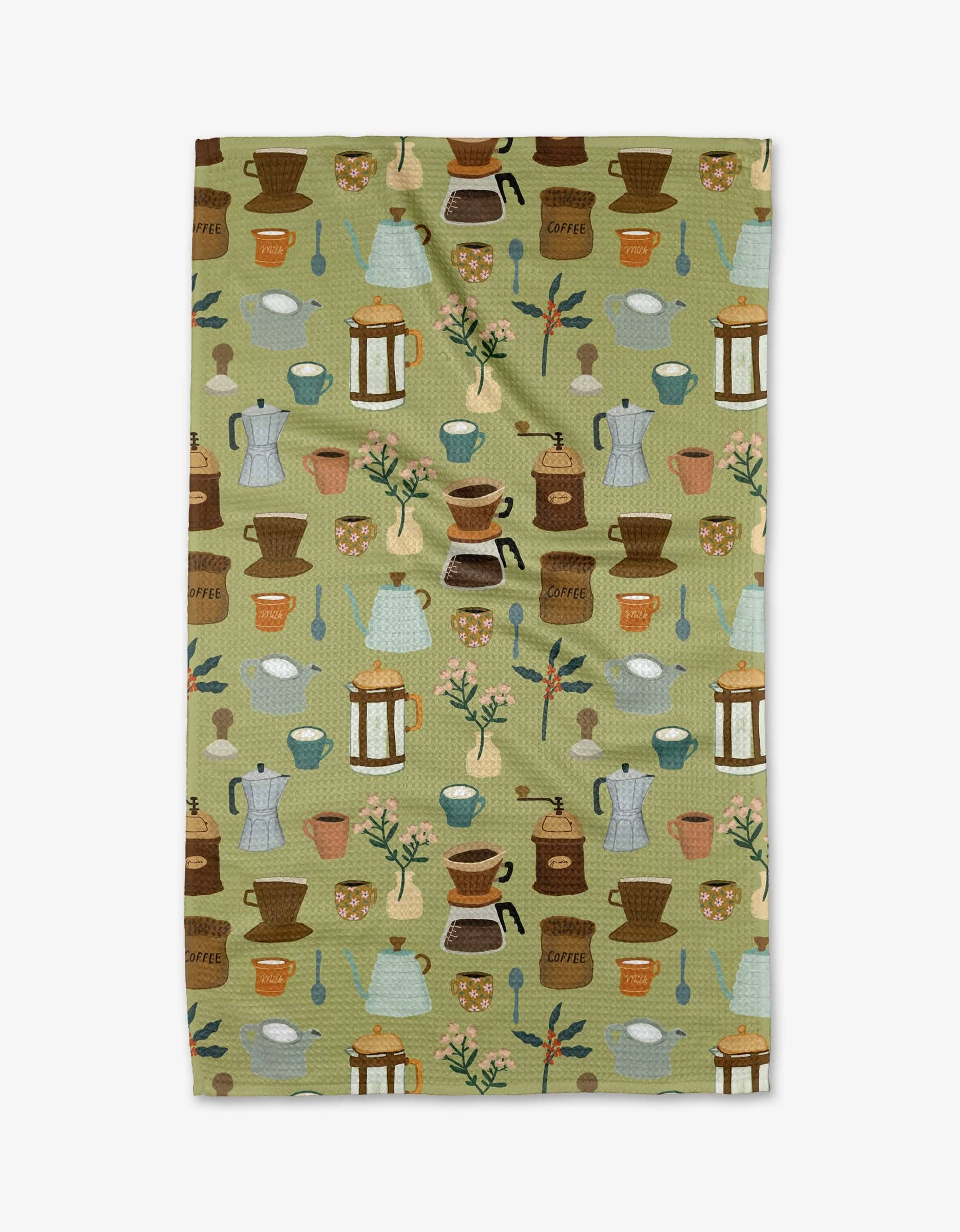 Green tea towel with repeating coffee brewing equipment and mugs pattern