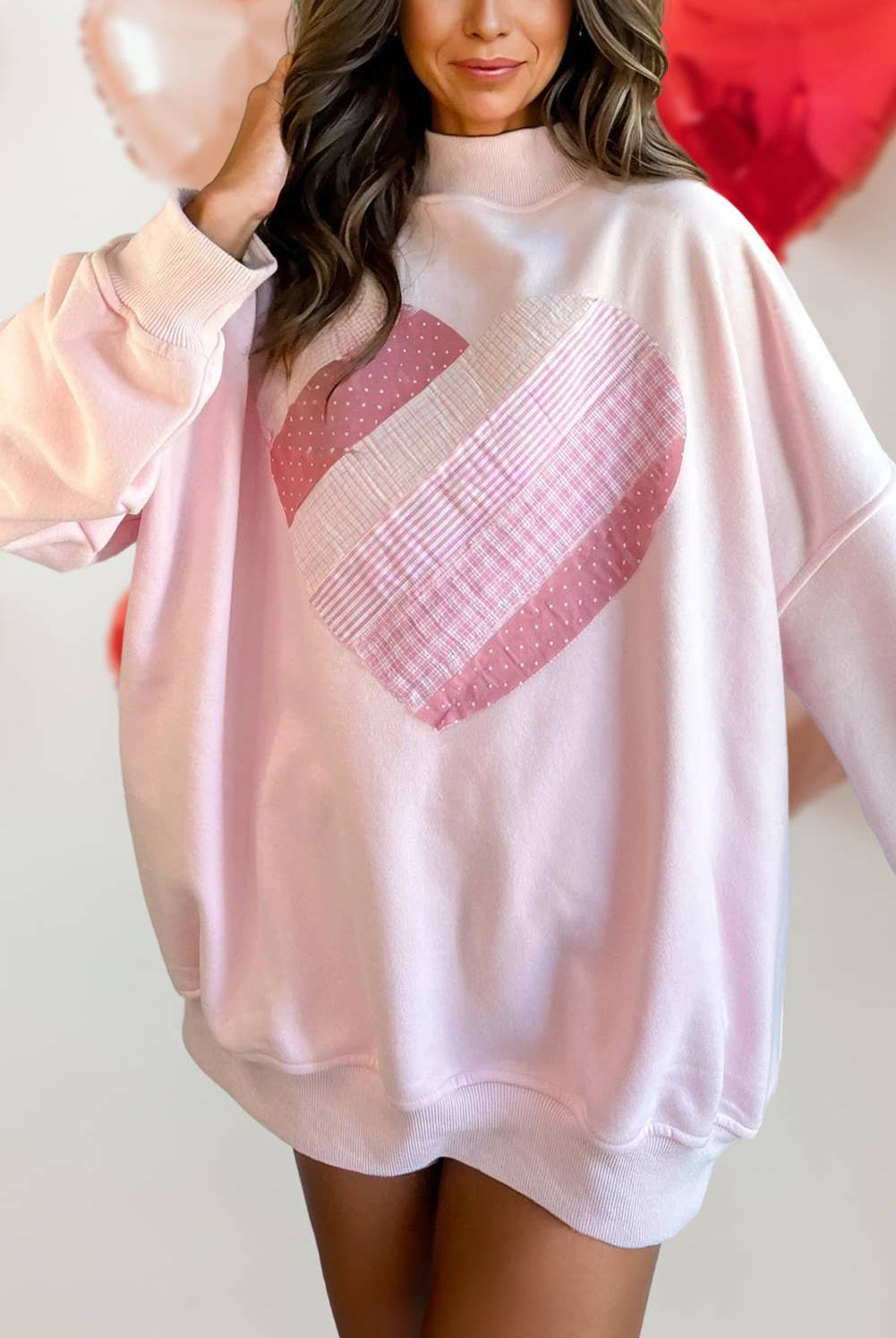 Heart Patchwork Mock Neck Sweatshirt-1- Tops-Aapparella-Usher & Co - Women's Boutique Located in Atoka, OK and Durant, OK