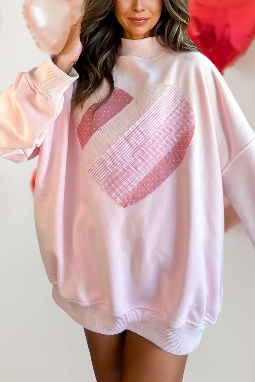 Heart Patchwork Mock Neck Sweatshirt-1- Tops-Aapparella-Usher & Co - Women's Boutique Located in Atoka, OK and Durant, OK