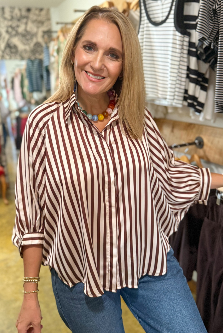 Nora Puff Sleeve Striped Top-Brown-1- Tops-Glam-Usher & Co - Women's Boutique Located in Atoka, OK and Durant, OK