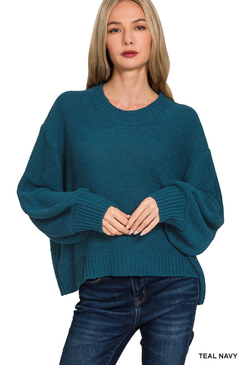 Mia Balloon Sleeve Sweater-Teal Navy-1- Tops-Zenana-Usher & Co - Women's Boutique Located in Atoka, OK and Durant, OK