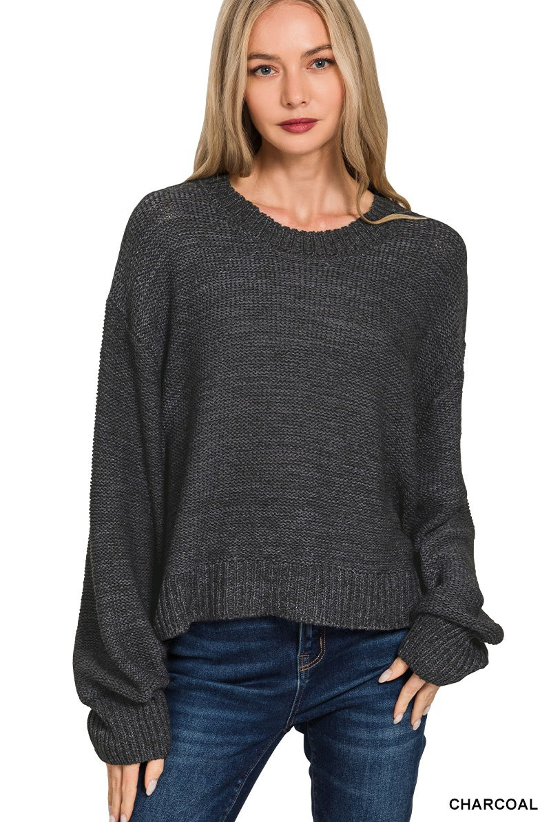 Mia Balloon Sleeve Sweater-Charcoal-1- Tops-Zenana-Usher & Co - Women's Boutique Located in Atoka, OK and Durant, OK