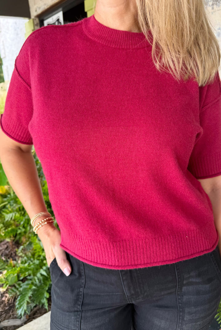 Exposed Seam Crop Sweater-Cabernet-1- Tops-Zenana-Usher & Co - Women's Boutique Located in Atoka, OK and Durant, OK