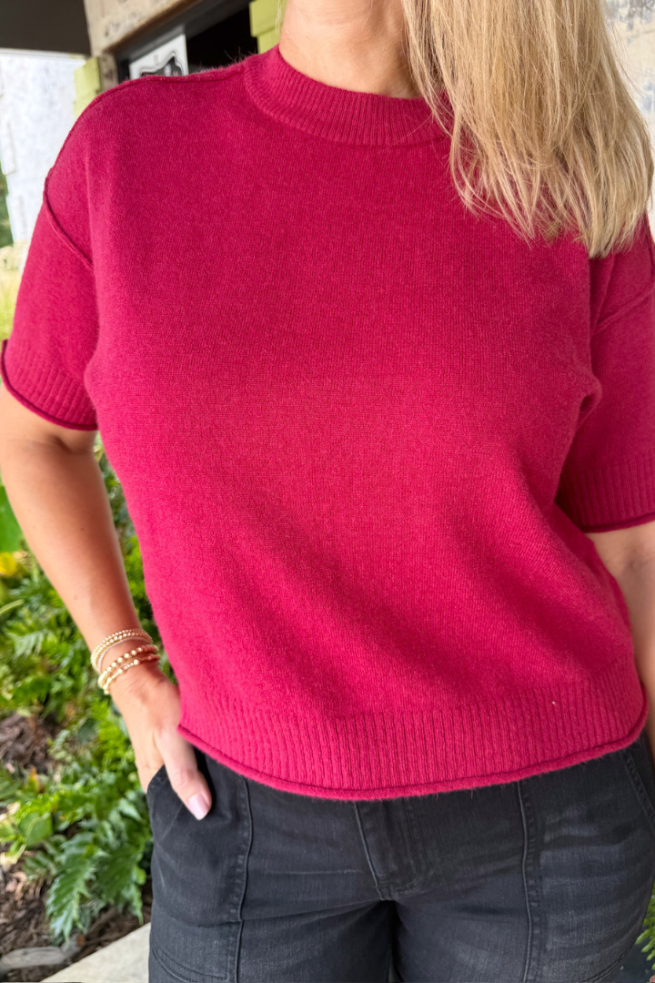 Exposed Seam Crop Sweater-Cabernet-1- Tops-Zenana-Usher & Co - Women's Boutique Located in Atoka, OK and Durant, OK
