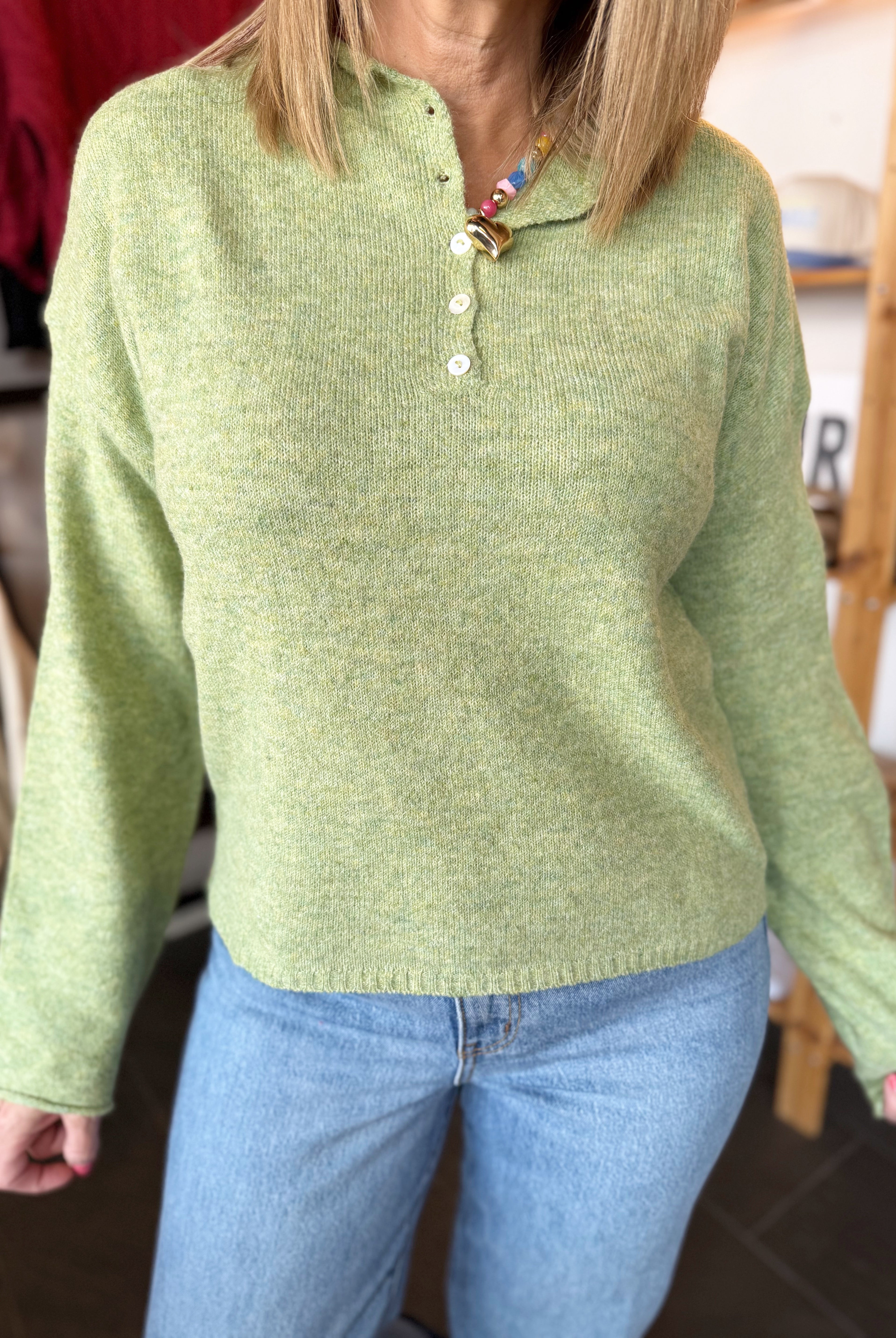 Matcha Henley Sweater-1- Tops-Things Between-Usher & Co - Women's Boutique Located in Atoka, OK and Durant, OK