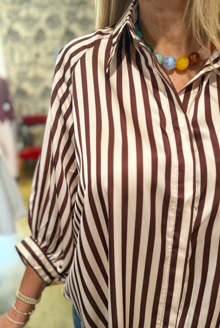 Nora Puff Sleeve Striped Top-Brown-1- Tops-Glam-Usher & Co - Women's Boutique Located in Atoka, OK and Durant, OK