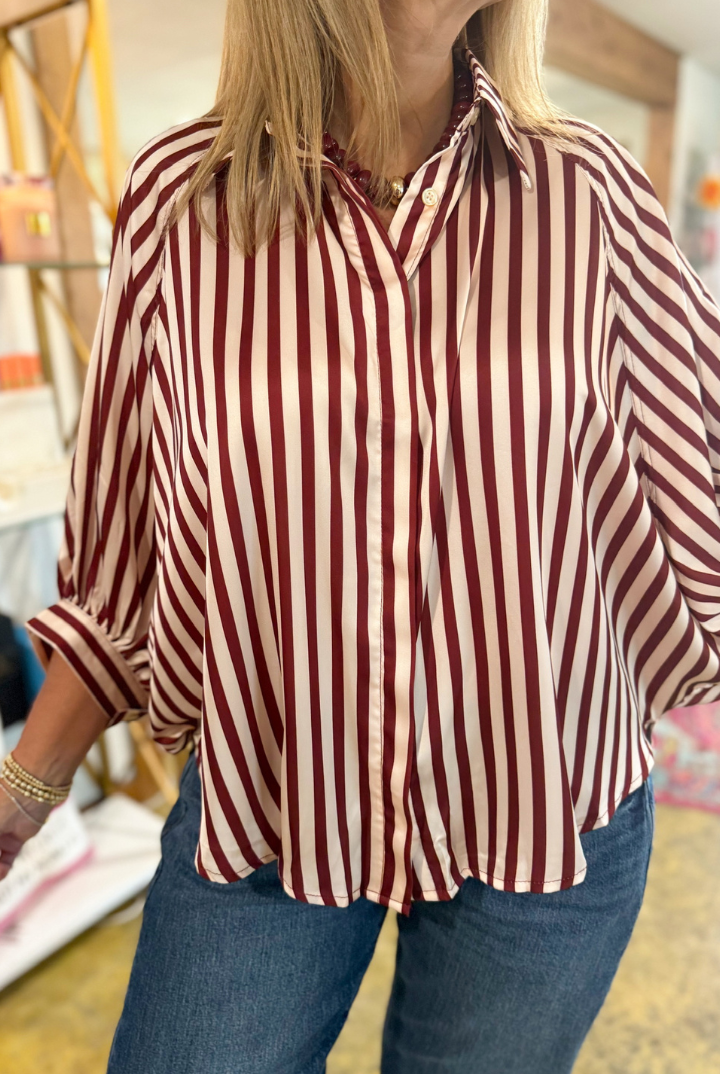 Nora Puff Sleeve Striped Top-Burgundy-1- Tops-Glam-Usher & Co - Women's Boutique Located in Atoka, OK and Durant, OK