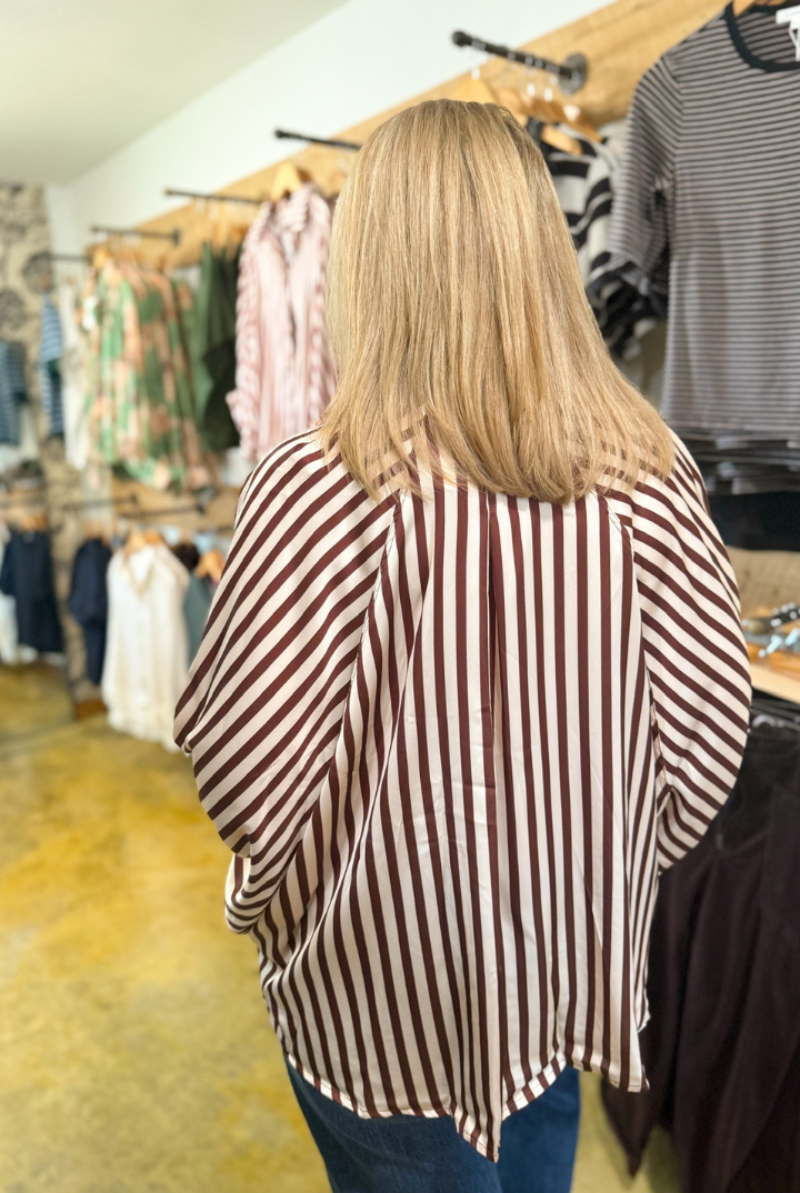 Nora Puff Sleeve Striped Top-Brown-1- Tops-Glam-Usher & Co - Women's Boutique Located in Atoka, OK and Durant, OK