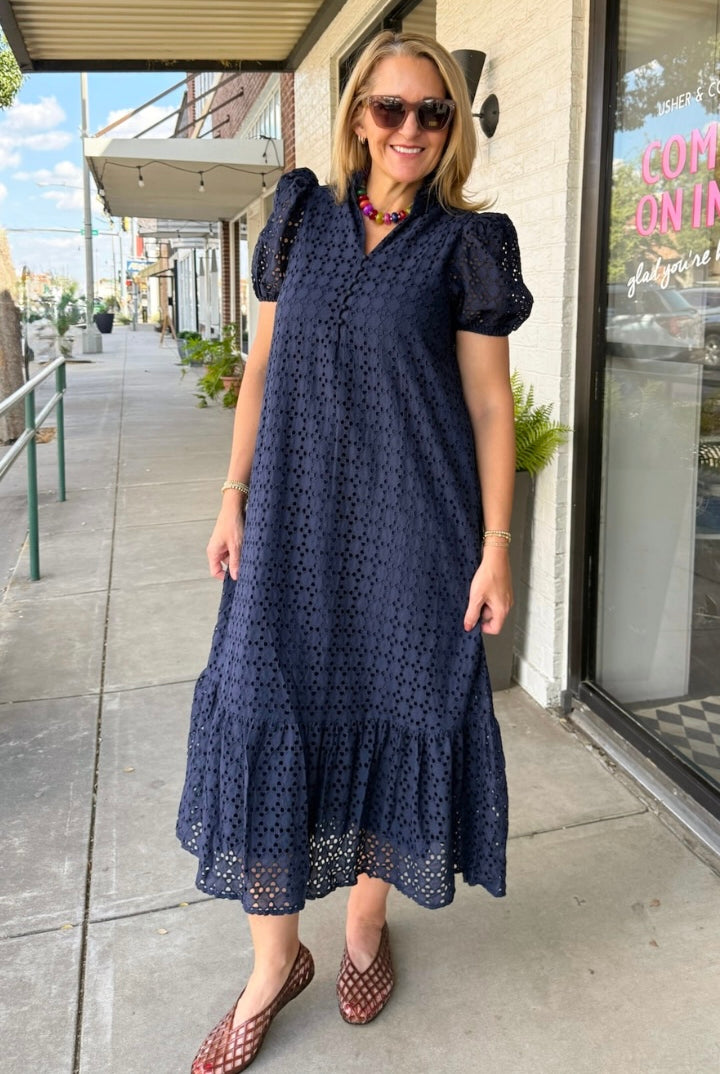 Hydrangea Dress-Navy-6- Dress/Romp/Jump-ENTRO-Usher & Co - Women's Boutique Located in Atoka, OK and Durant, OK