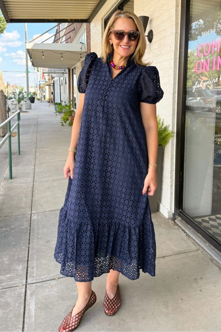 Hydrangea Dress-Navy-6- Dress/Romp/Jump-ENTRO-Usher & Co - Women's Boutique Located in Atoka, OK and Durant, OK