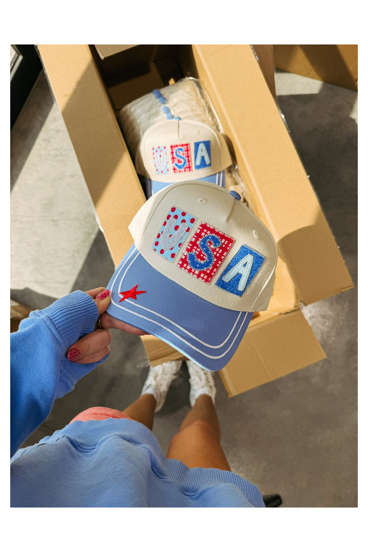 USA Patchwork Trucker Hat-8- Accessory-Etta + East-Usher & Co - Women's Boutique Located in Atoka, OK and Durant, OK