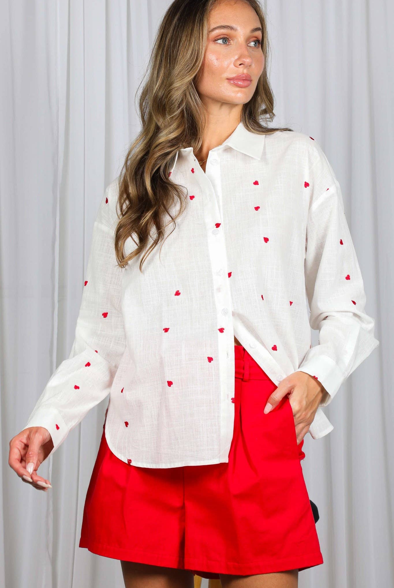 Sweet Heart Embroidered Oversized Shirt-1- Tops-Vine & Love-Usher & Co - Women's Boutique Located in Atoka, OK and Durant, OK
