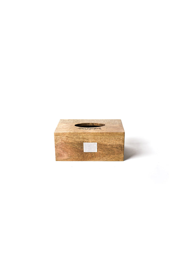 Happy Everything mini wooden tissue box with oval opening and engraved script logo on top