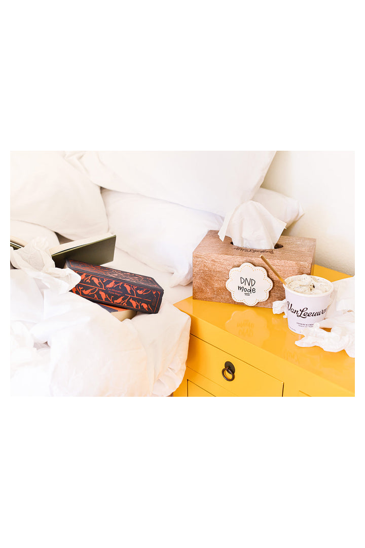 Happy Everything Mini Wood Tissue Box on yellow nightstand with DND mode tag and ice cream