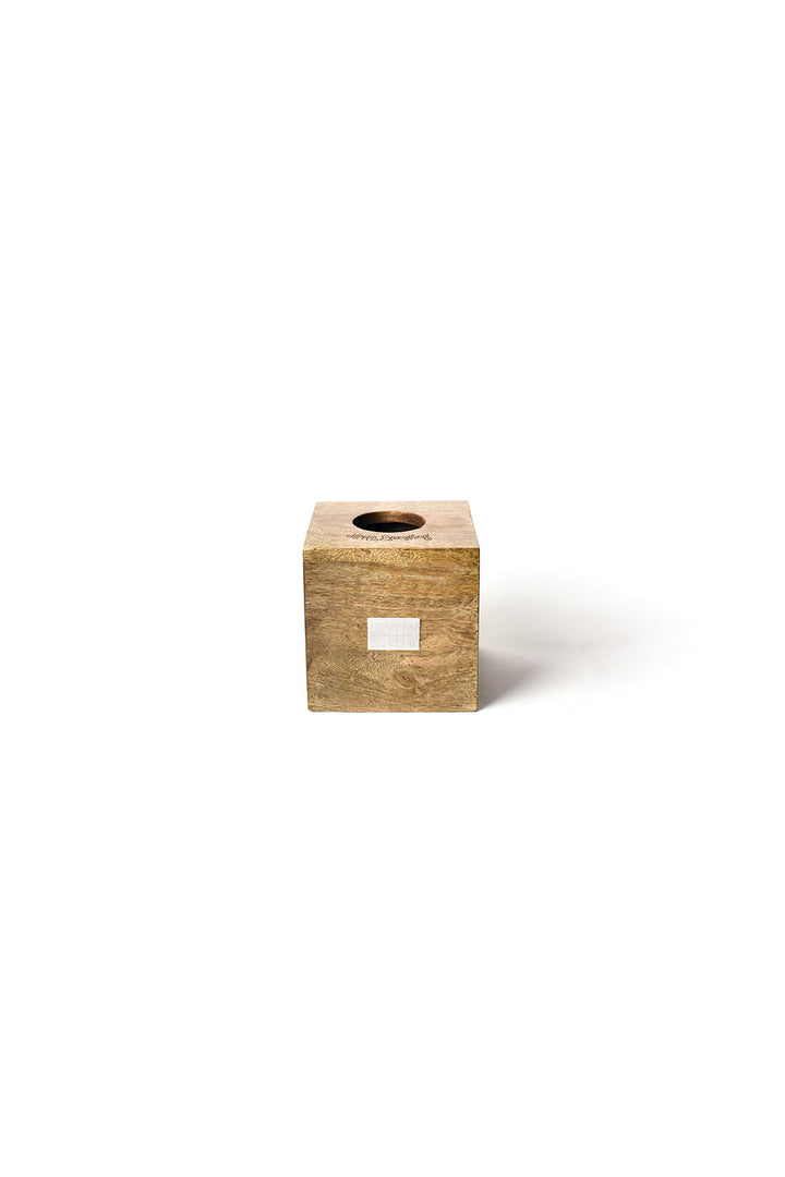 Happy Everything mini square wooden tissue box holder with circular opening on top