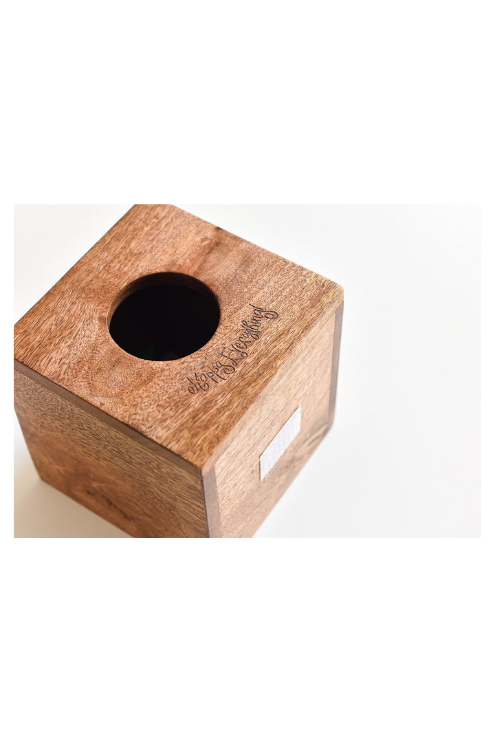 Happy Everything Mini Wood 5 tissue box with circular opening and engraved script logo on top
