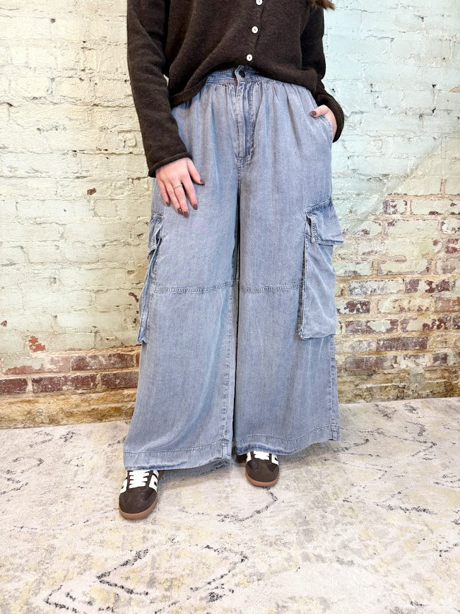 Chambray Cargo Pants-Light Denim-4- Bottoms-Easel-Usher & Co - Women's Boutique Located in Atoka, OK and Durant, OK