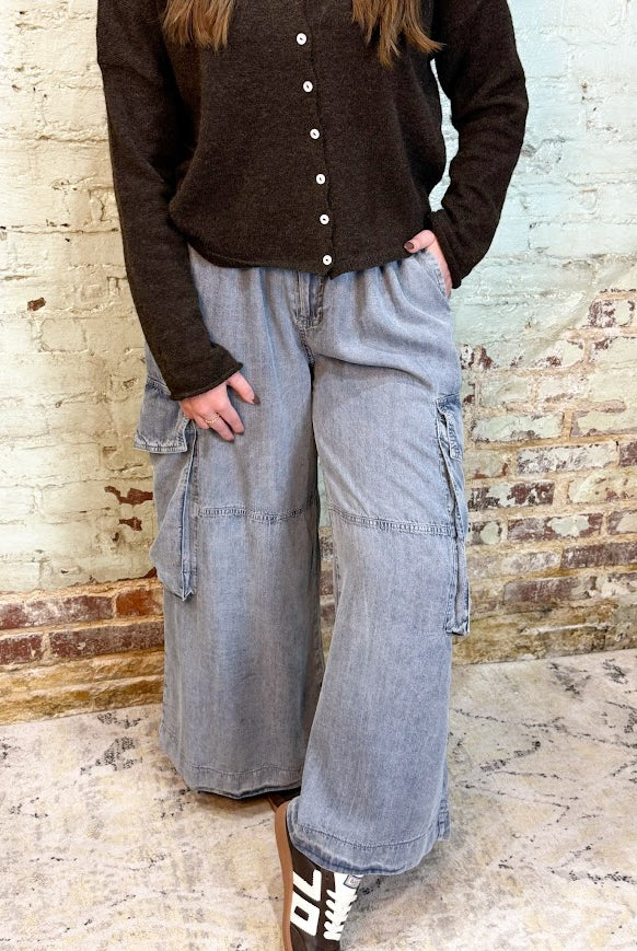 Chambray Cargo Pants-Light Denim-4- Bottoms-Easel-Usher & Co - Women's Boutique Located in Atoka, OK and Durant, OK