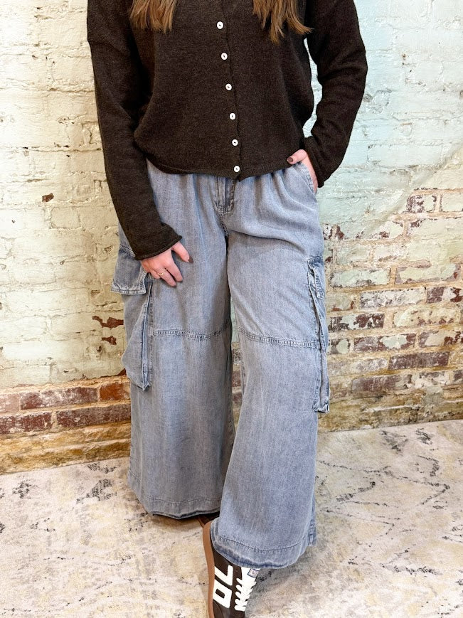 Chambray Cargo Pants-Light Denim-4- Bottoms-Easel-Usher & Co - Women's Boutique Located in Atoka, OK and Durant, OK