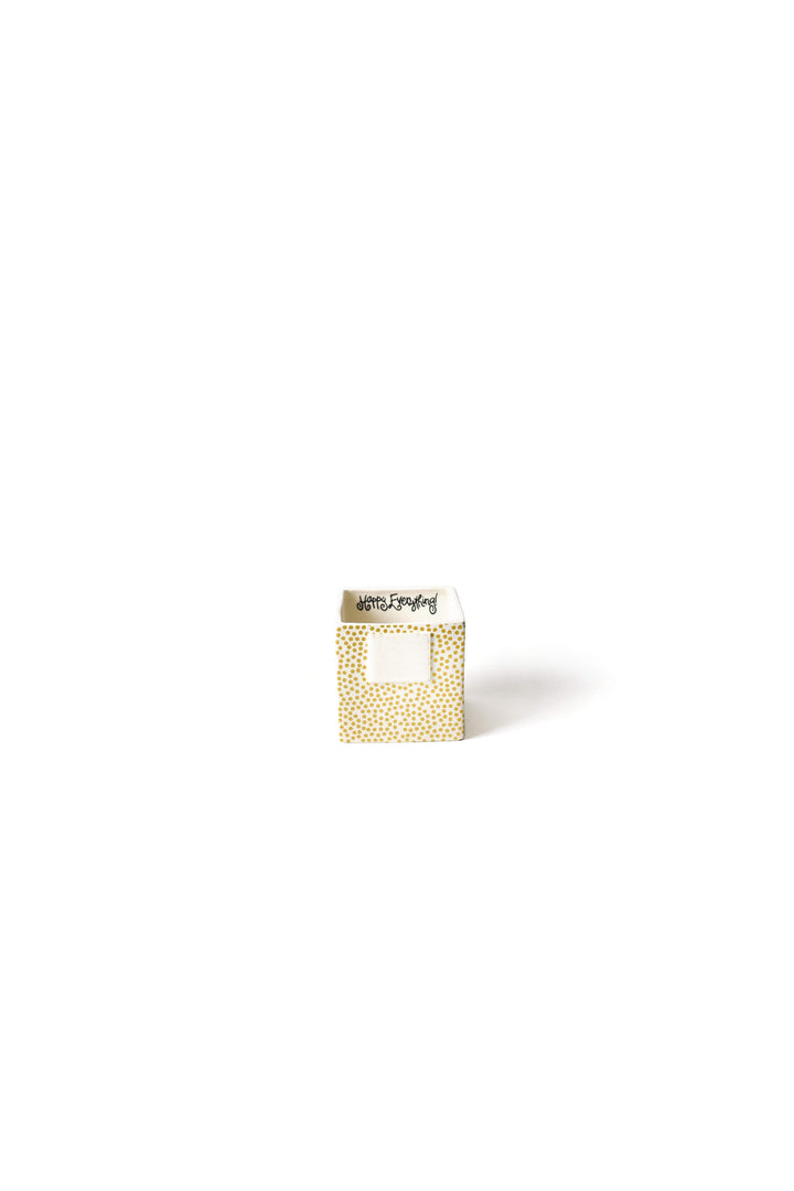White ceramic mini nesting cube with gold polka dots and Happy Everything script inside rim