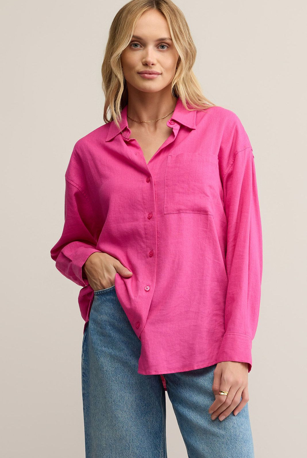 Z SUPPLY: Alfie Linen Button Up-Island Pink-1- Tops-Z SUPPLY-Usher & Co - Women's Boutique Located in Atoka, OK and Durant, OK