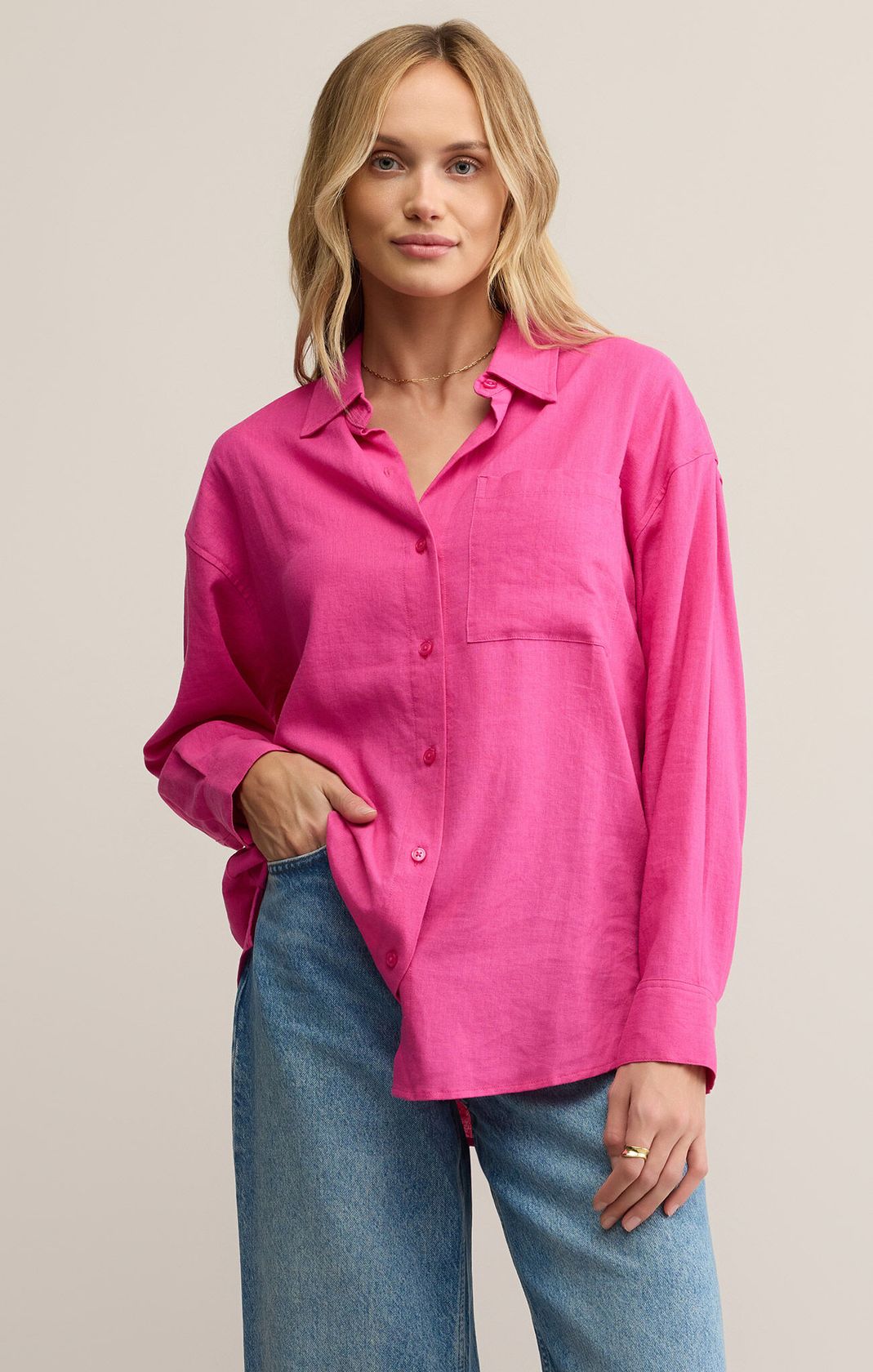 Z SUPPLY: Alfie Linen Button Up-Island Pink-1- Tops-Z SUPPLY-Usher & Co - Women's Boutique Located in Atoka, OK and Durant, OK