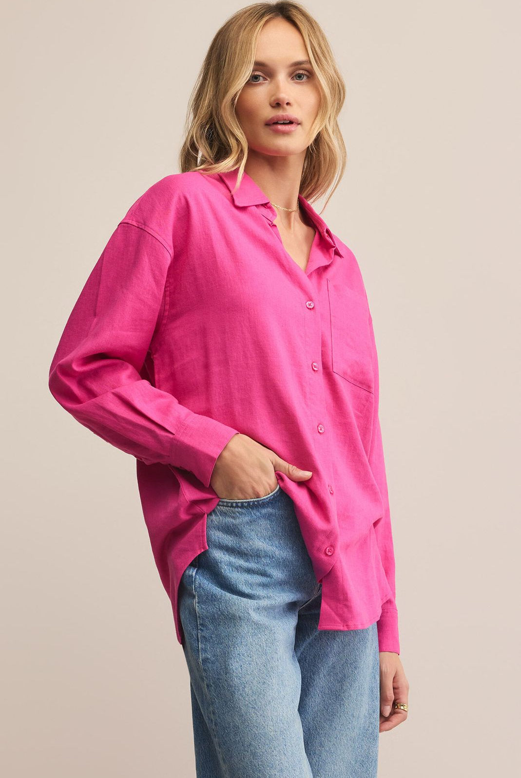 Z SUPPLY: Alfie Linen Button Up-Island Pink-1- Tops-Z SUPPLY-Usher & Co - Women's Boutique Located in Atoka, OK and Durant, OK