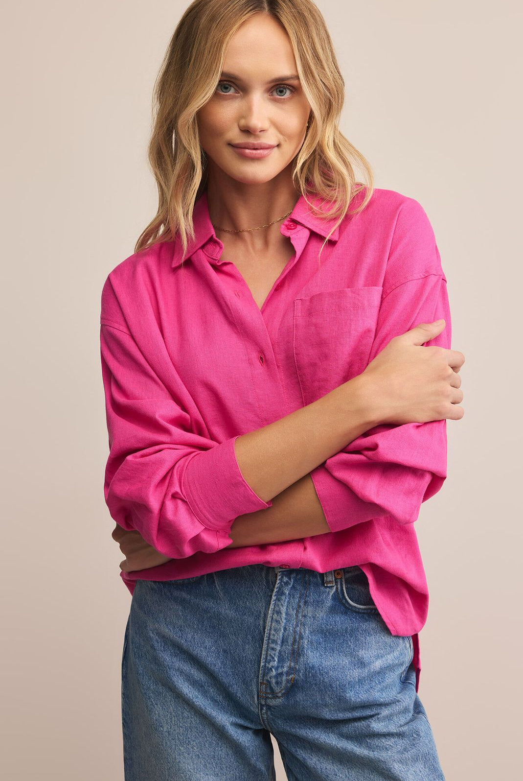 Z SUPPLY: Alfie Linen Button Up-Island Pink-1- Tops-Z SUPPLY-Usher & Co - Women's Boutique Located in Atoka, OK and Durant, OK
