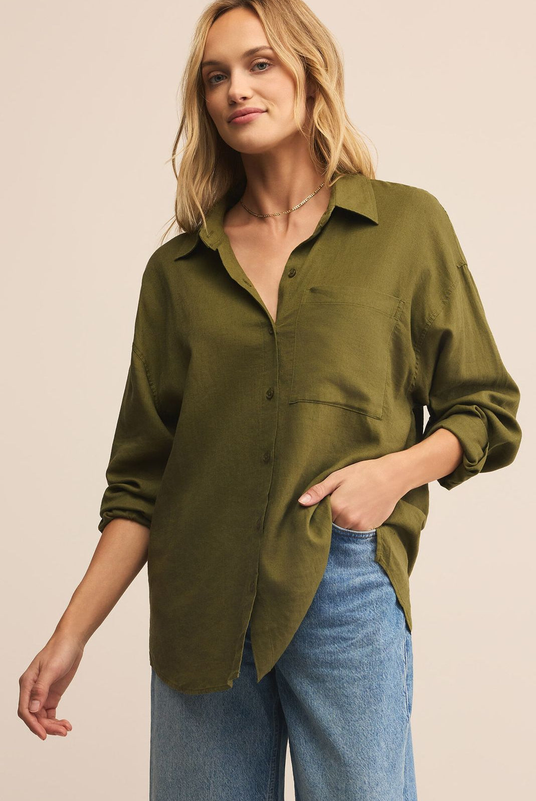 Z SUPPLY: Alfie Linen Button Up-Fern-1- Tops-Z SUPPLY-Usher & Co - Women's Boutique Located in Atoka, OK and Durant, OK