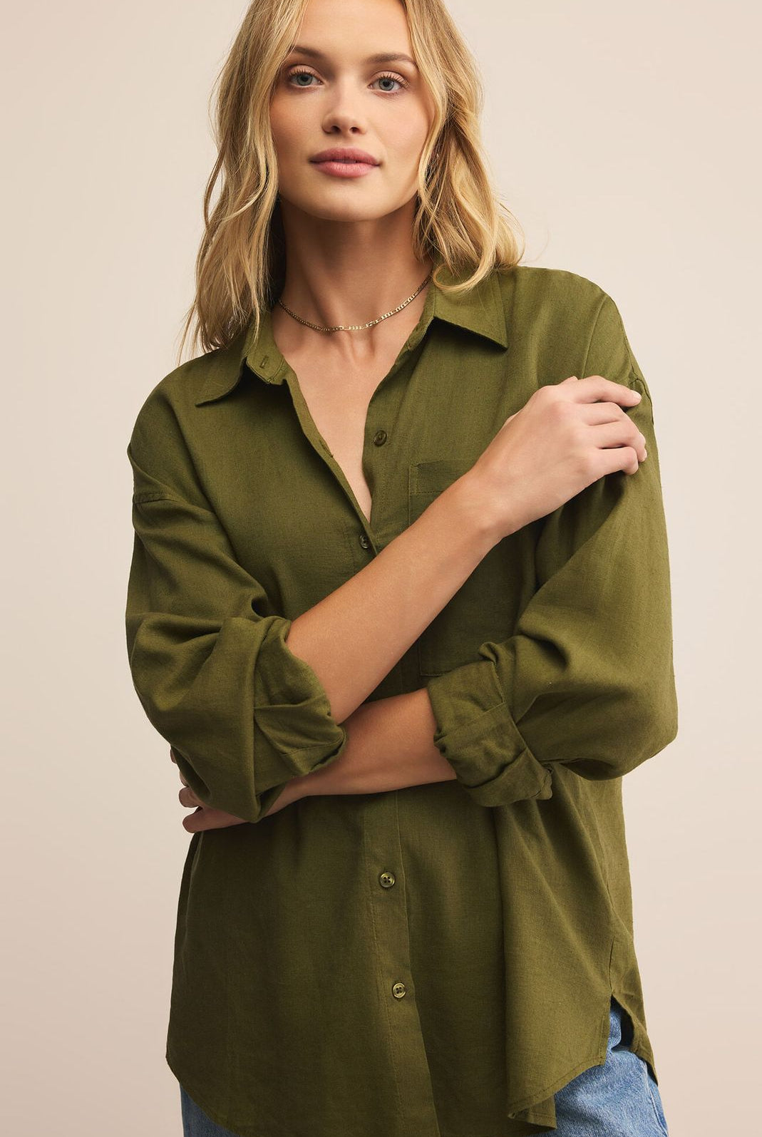 Z SUPPLY: Alfie Linen Button Up-Fern-1- Tops-Z SUPPLY-Usher & Co - Women's Boutique Located in Atoka, OK and Durant, OK