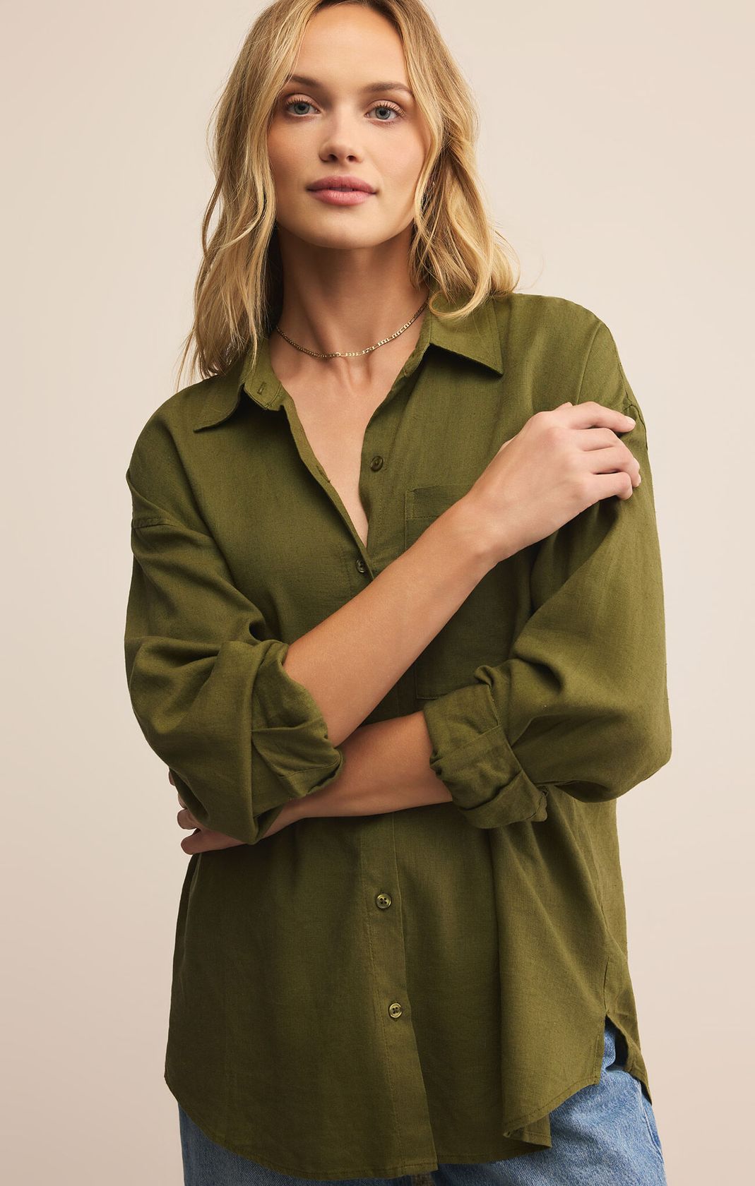 Z SUPPLY: Alfie Linen Button Up-Fern-1- Tops-Z SUPPLY-Usher & Co - Women's Boutique Located in Atoka, OK and Durant, OK