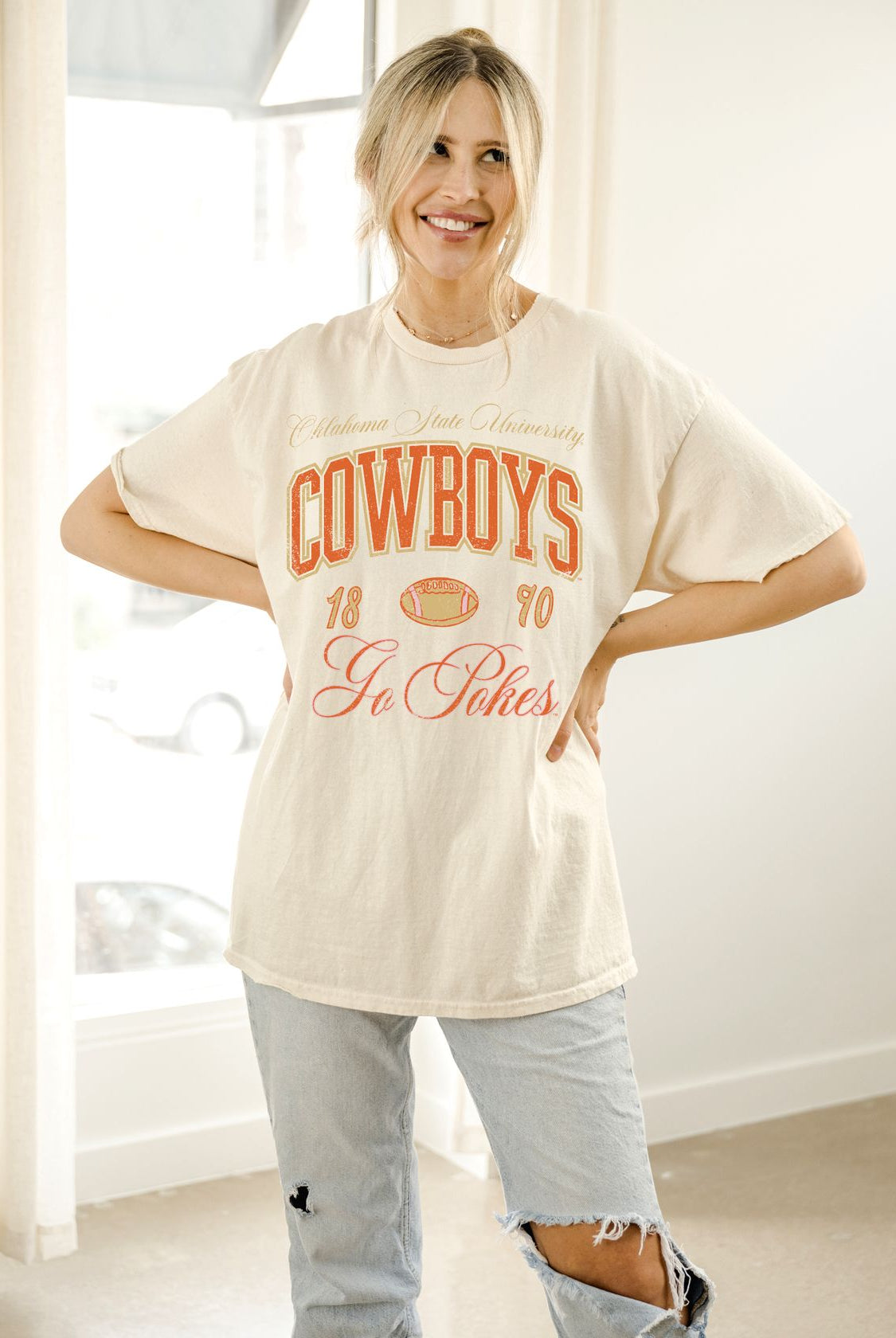 OSU Wave Arch Thrifted Tee-1- Tops-LIVYLU-Usher & Co - Women's Boutique Located in Atoka, OK and Durant, OK