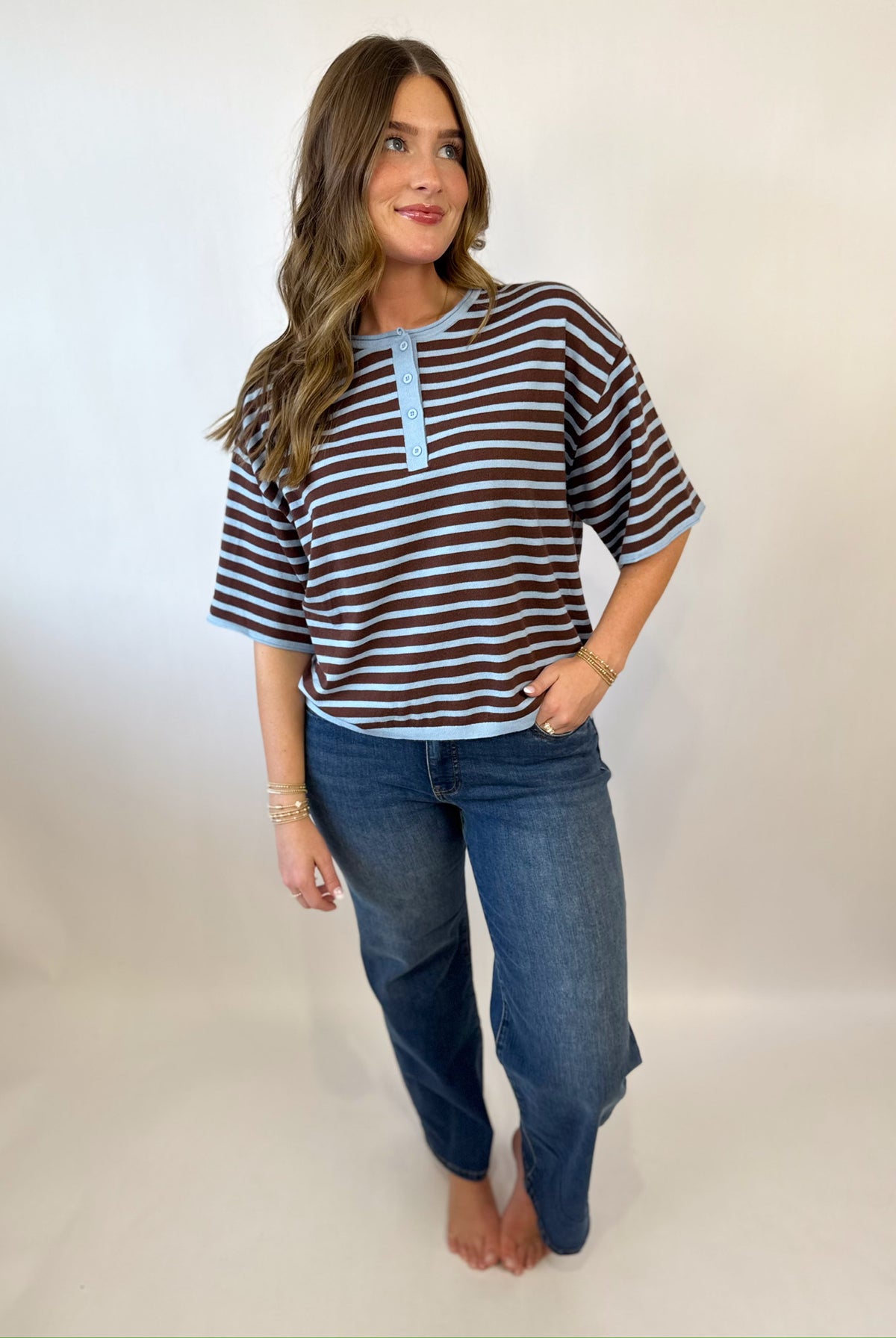 Marlow Striped Top-Brown-1- Tops-JODIFL-Usher & Co - Women's Boutique Located in Atoka, OK and Durant, OK
