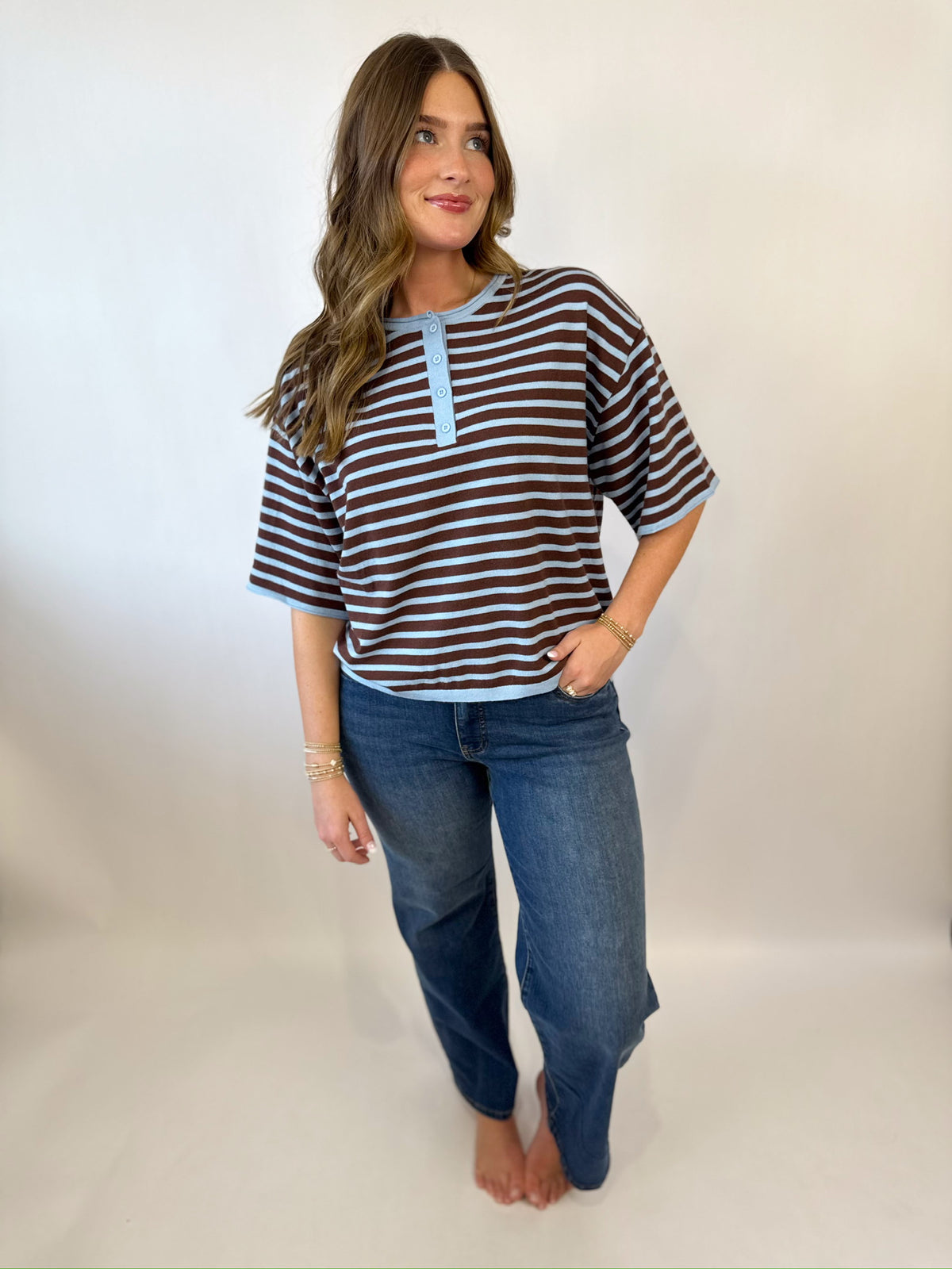 Marlow Striped Top-Brown-1- Tops-JODIFL-Usher & Co - Women's Boutique Located in Atoka, OK and Durant, OK