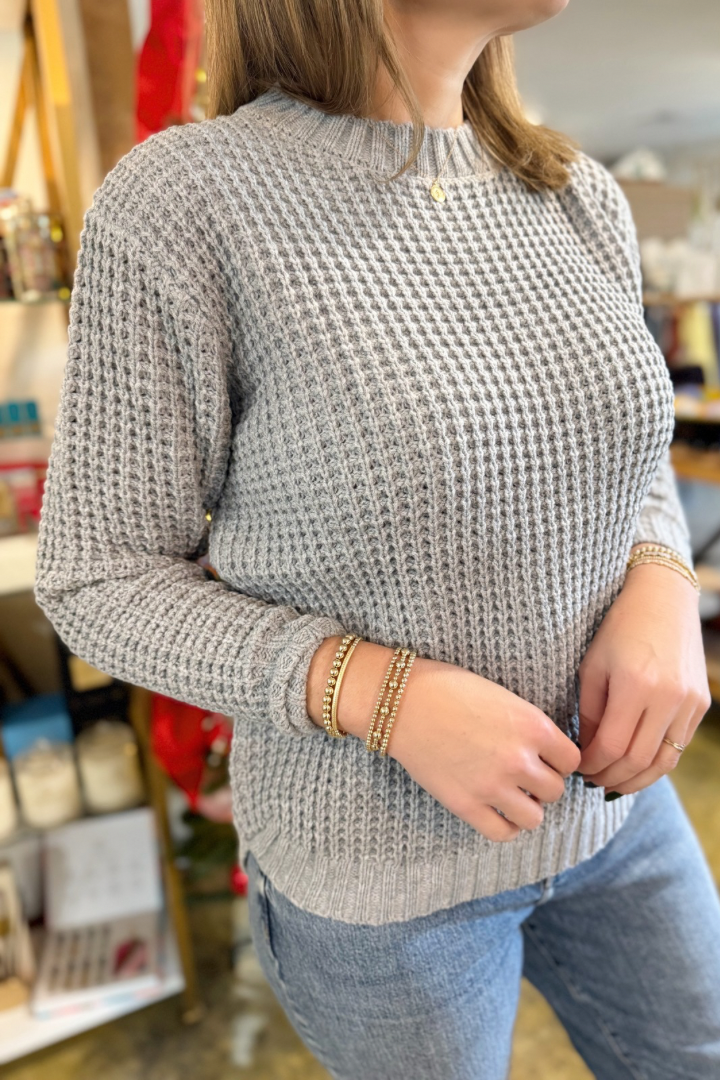 Lily Waffle Sweater-Heather Gray-1- Tops-Zenana-Usher & Co - Women's Boutique Located in Atoka, OK and Durant, OK