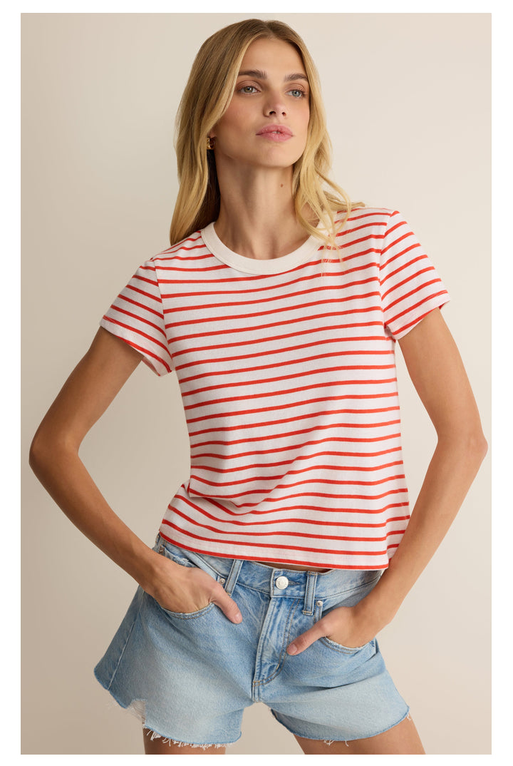 Z Supply: Junie Striped Tee - Lychee-1- Tops-Z Supply-Usher & Co - Women's Boutique Located in Atoka, OK and Durant, OK