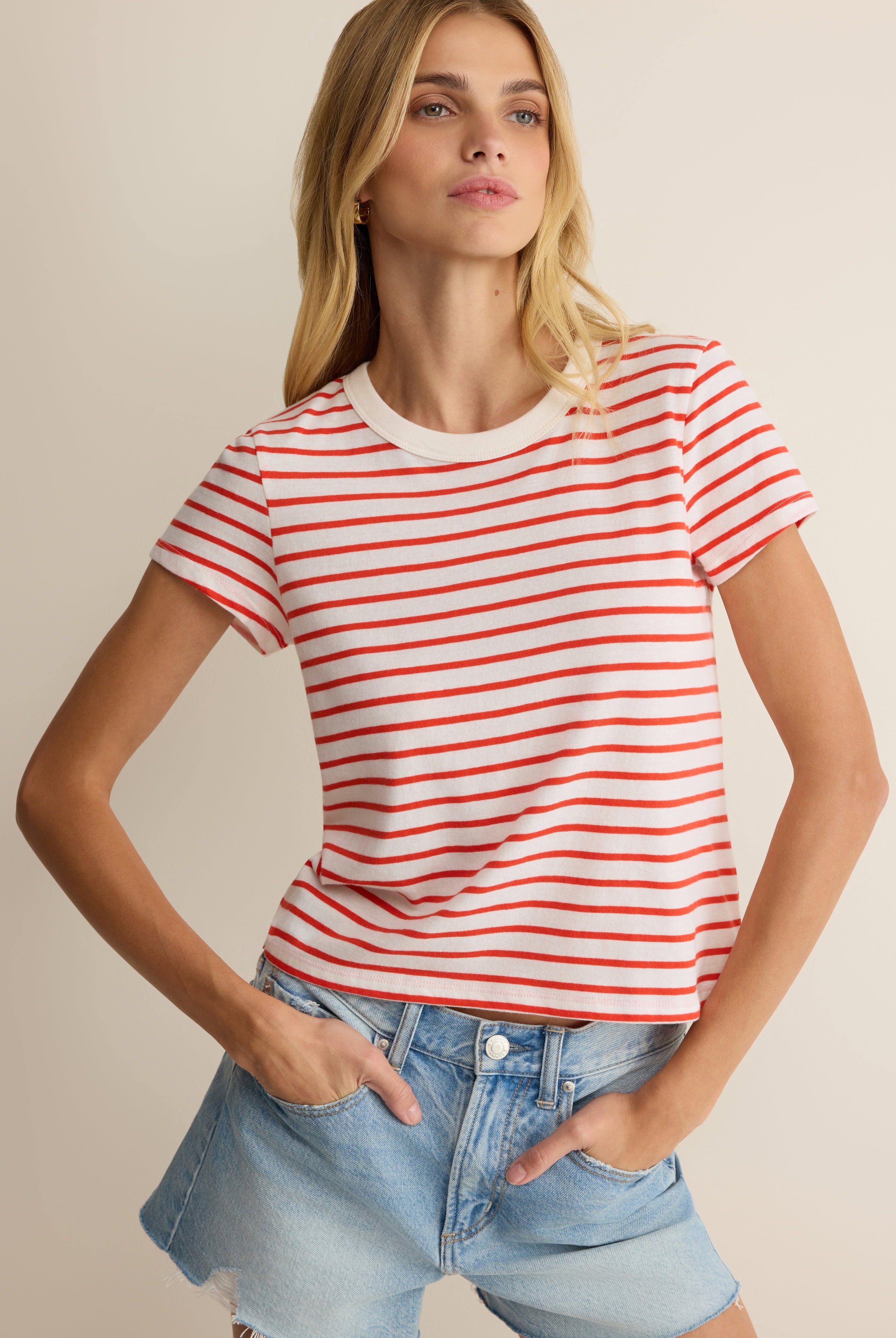 Z Supply: Junie Striped Tee - Lychee-1- Tops-Z Supply-Usher & Co - Women's Boutique Located in Atoka, OK and Durant, OK