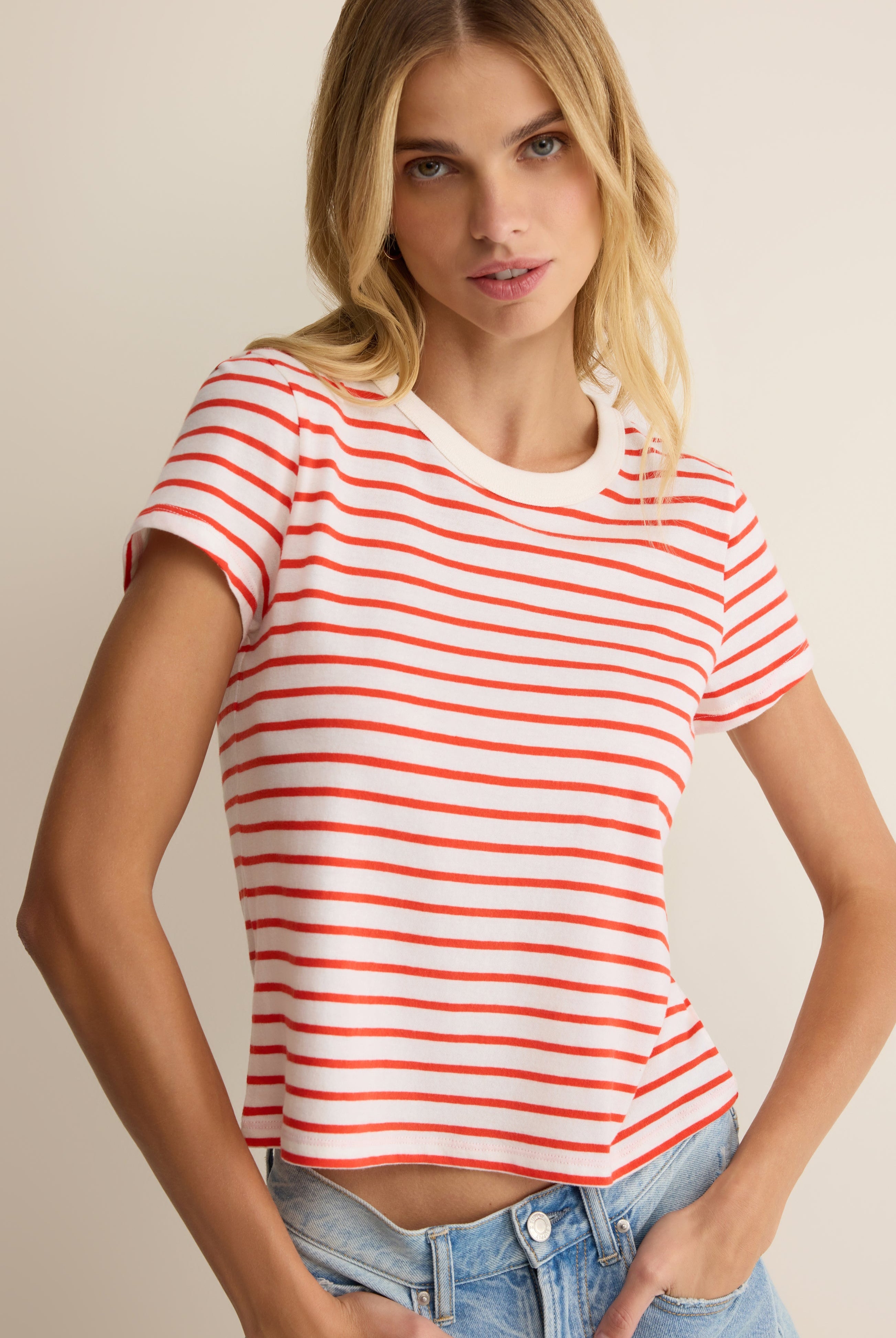 Z Supply: Junie Striped Tee - Lychee-1- Tops-Z Supply-Usher & Co - Women's Boutique Located in Atoka, OK and Durant, OK