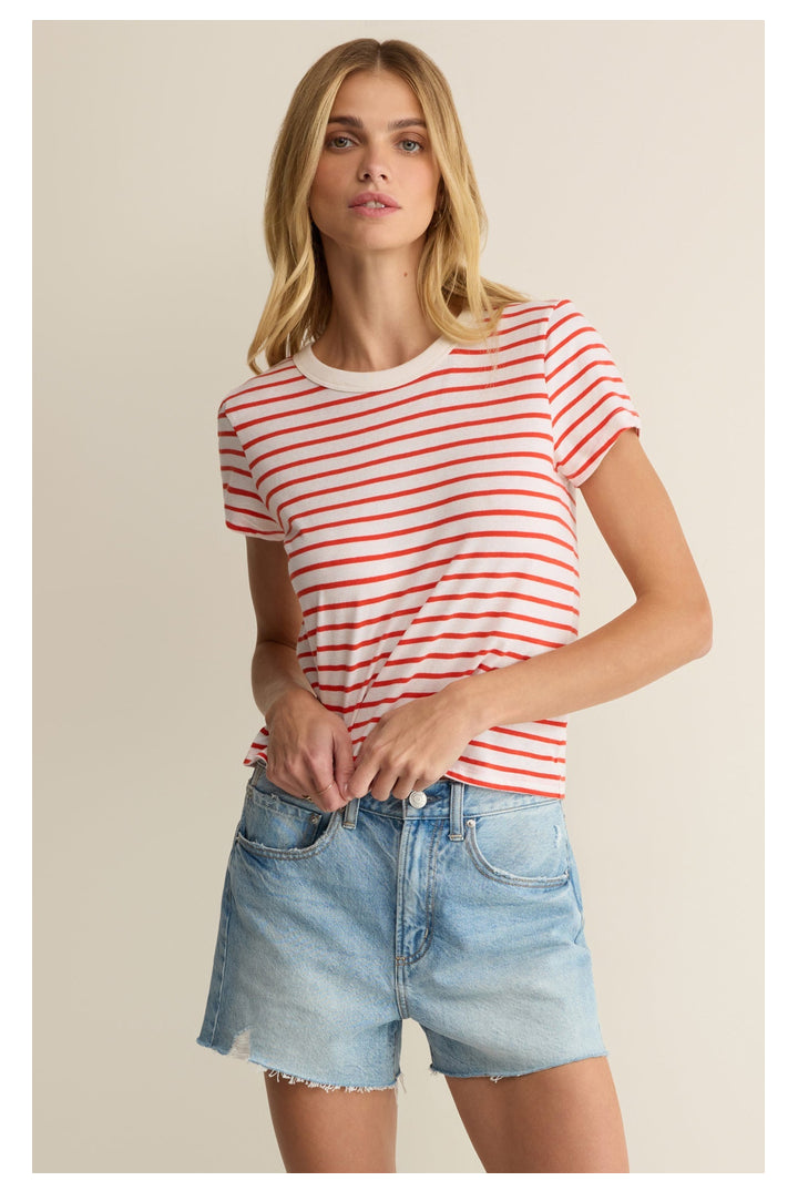 Z Supply: Junie Striped Tee - Lychee-1- Tops-Z Supply-Usher & Co - Women's Boutique Located in Atoka, OK and Durant, OK