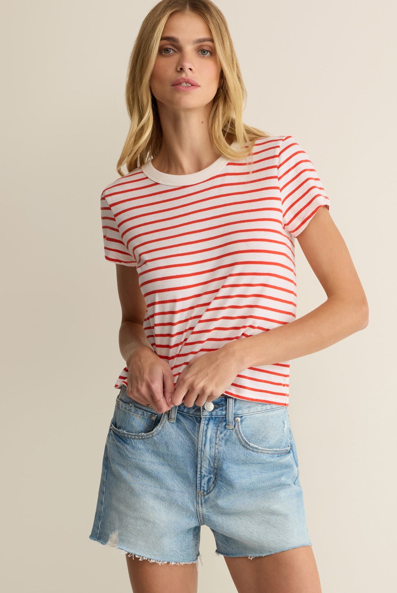 Z Supply: Junie Striped Tee - Lychee-1- Tops-Z Supply-Usher & Co - Women's Boutique Located in Atoka, OK and Durant, OK