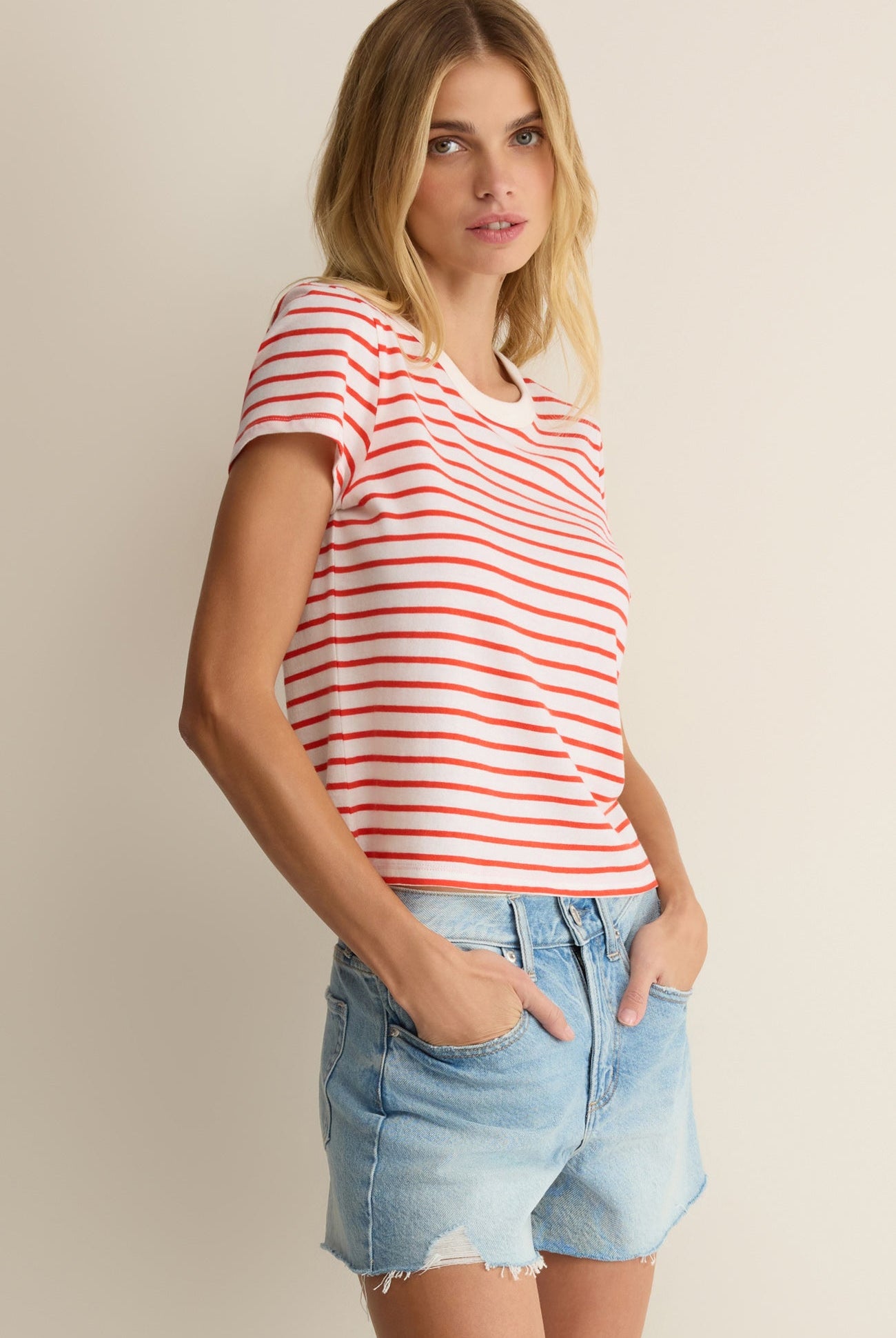Z Supply: Junie Striped Tee - Lychee-1- Tops-Z Supply-Usher & Co - Women's Boutique Located in Atoka, OK and Durant, OK