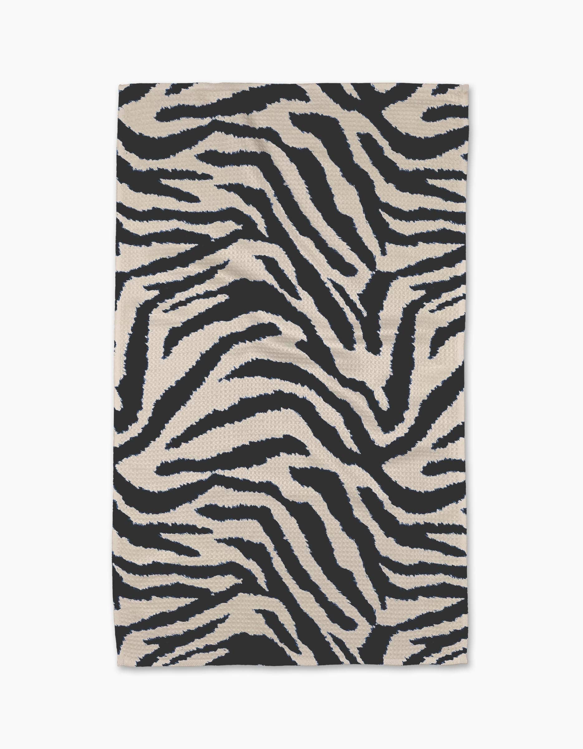 Zebra print tea towel in black and beige, 18x30 inches, flat lay view