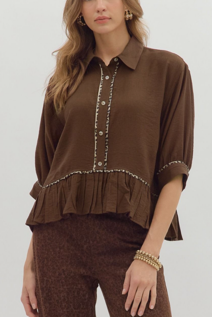 Aly Button Blouse-Brown-1- Tops-ENTRO-Usher & Co - Women's Boutique Located in Atoka, OK and Durant, OK
