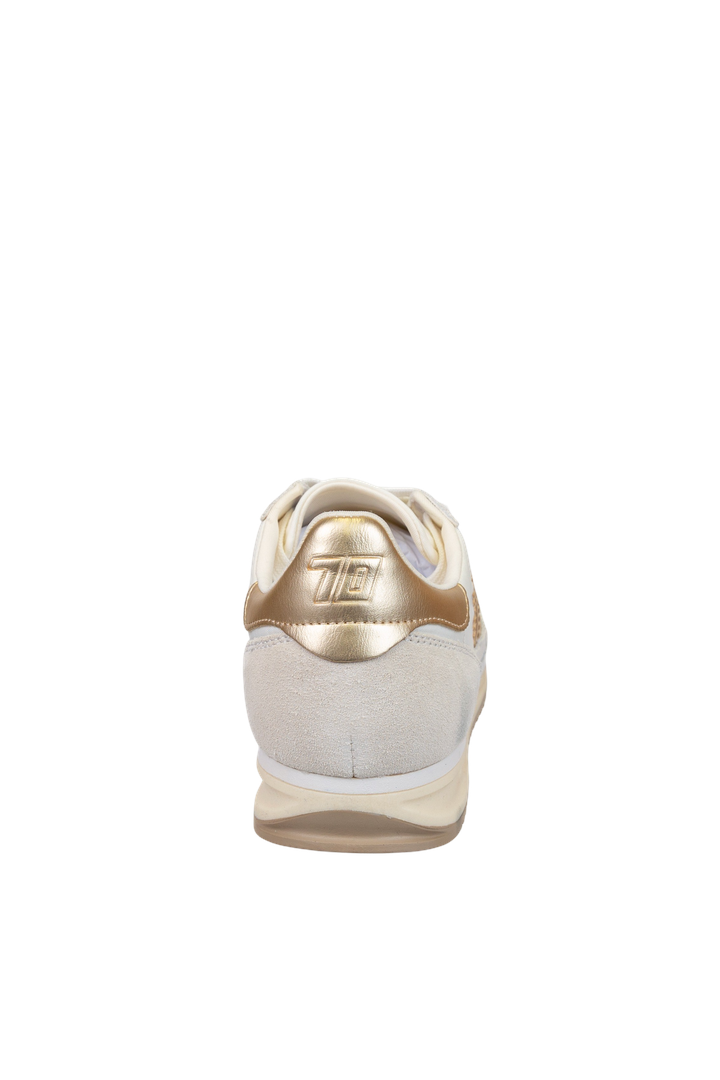 Back 70 Barkley Jogger sneaker rear view showing metallic gold heel tab and cream suede upper