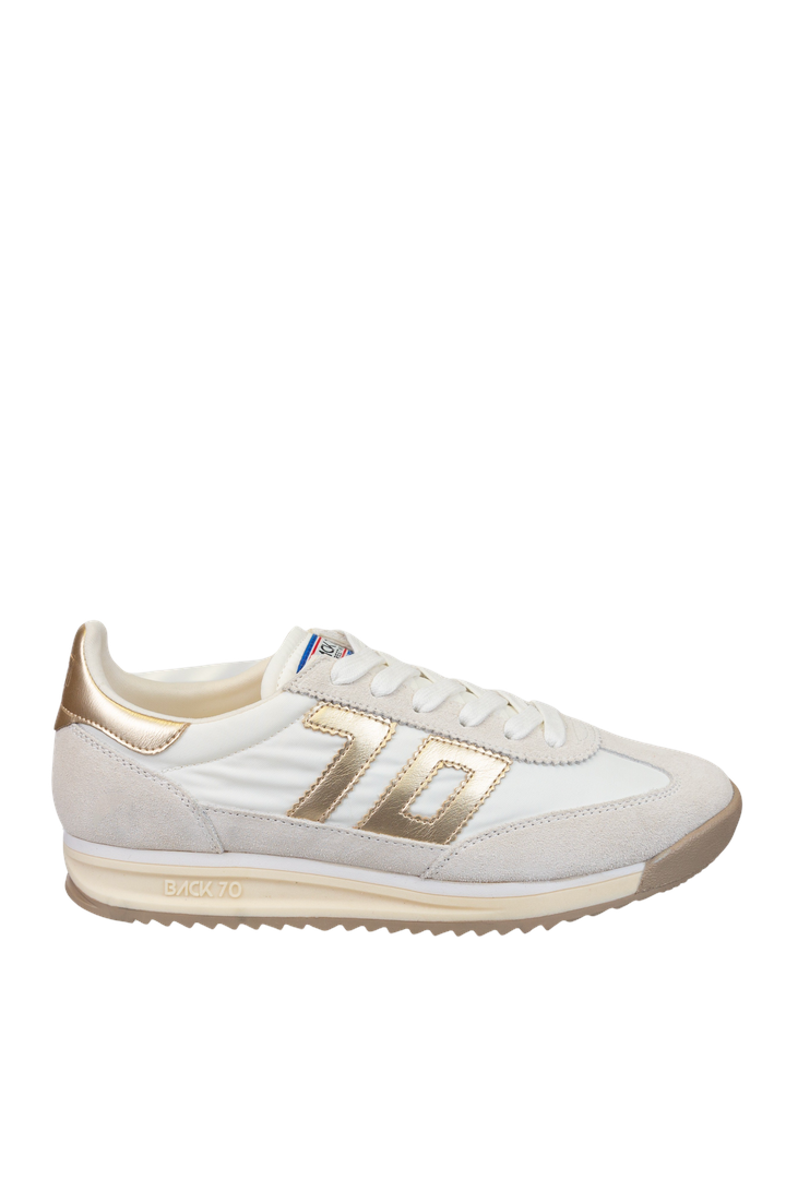 Back 70 Barkley Jogger sneaker in white with metallic gold logo and heel accent