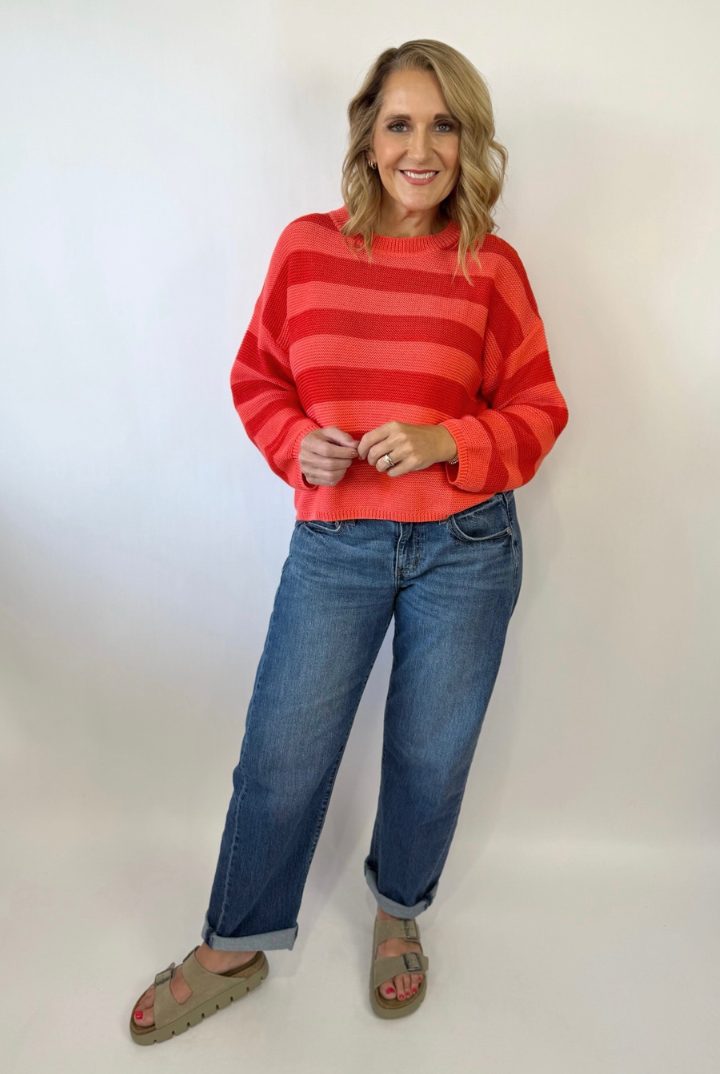 Lisa Striped Sweater-Coral-1- Tops-Cozy Co.-Usher & Co - Women's Boutique Located in Atoka, OK and Durant, OK