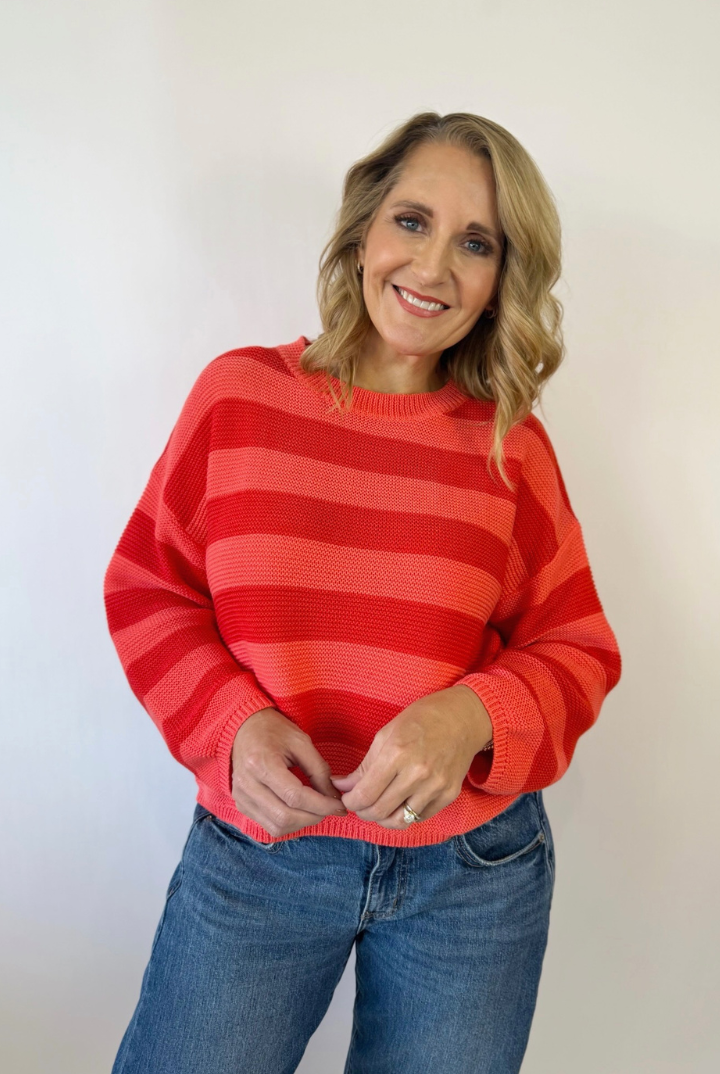 Lisa Striped Sweater-Coral-1- Tops-Cozy Co.-Usher & Co - Women's Boutique Located in Atoka, OK and Durant, OK