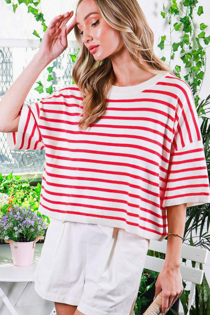 Essential Stripe Sweater-Red-Short Sleeve Tops-Vine & LOve-Usher & Co - Women's Boutique Located in Atoka, OK and Durant, OK