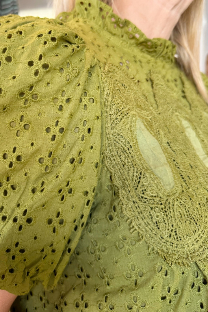 Everly Eyelet Blouse-Olive-1- Tops-ENTRO-Usher & Co - Women's Boutique Located in Atoka, OK and Durant, OK