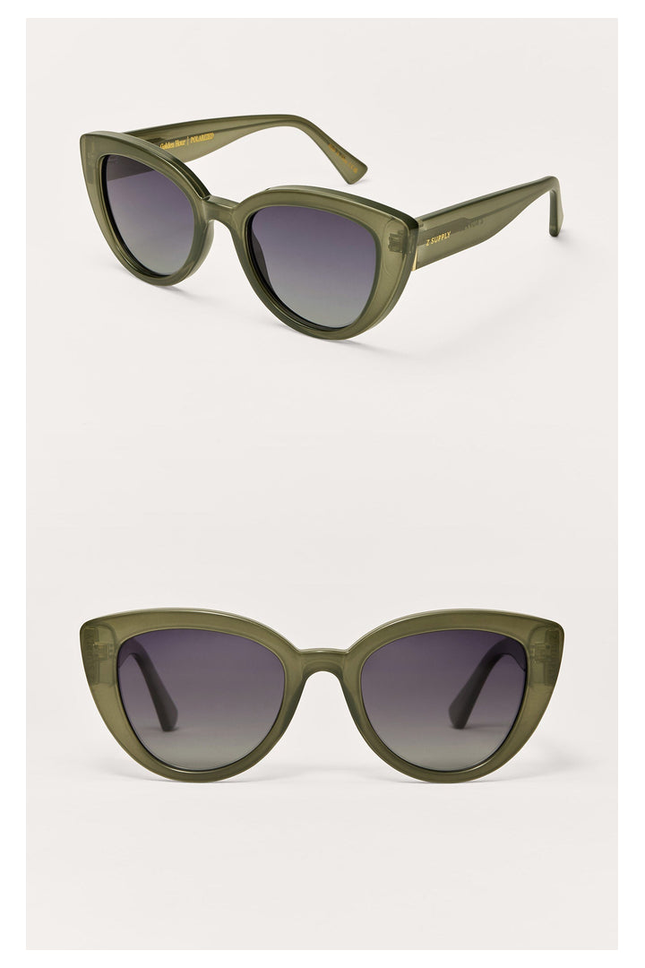 Z Supply Golden Hour cat-eye sunglasses in olive green with gradient polarized lenses, shown from two angles